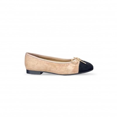 CHANEL SUEDE CAP TOE CC BALLERINA FLATS BEIGE BLACK 